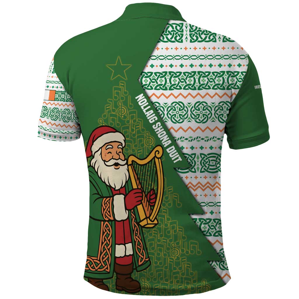 Ireland Christmas Polo Shirt with Celtic Harp Santa and Green Holiday Pattern - Wonder Print Shop