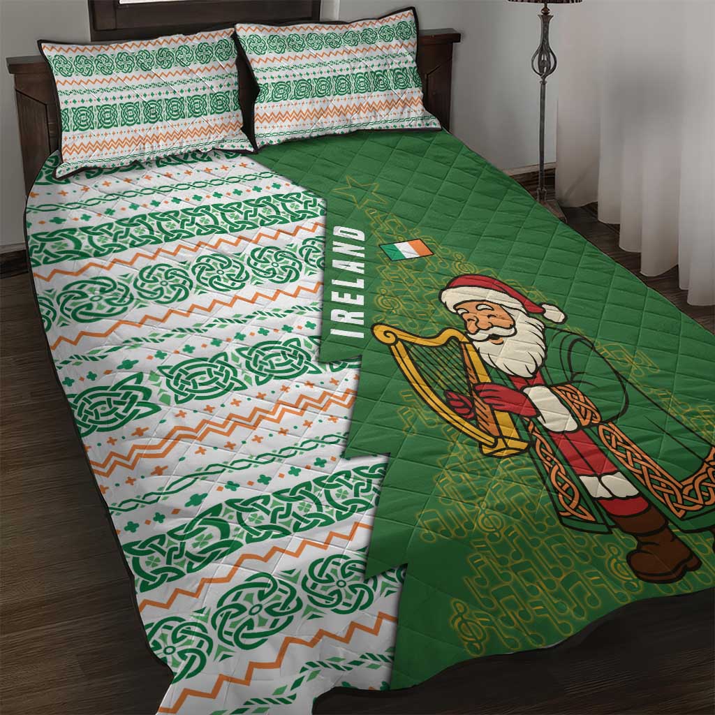 Ireland Christmas Quilt Bed Set with Celtic Harp Santa and Green Holiday Pattern - Wonder Print Shop