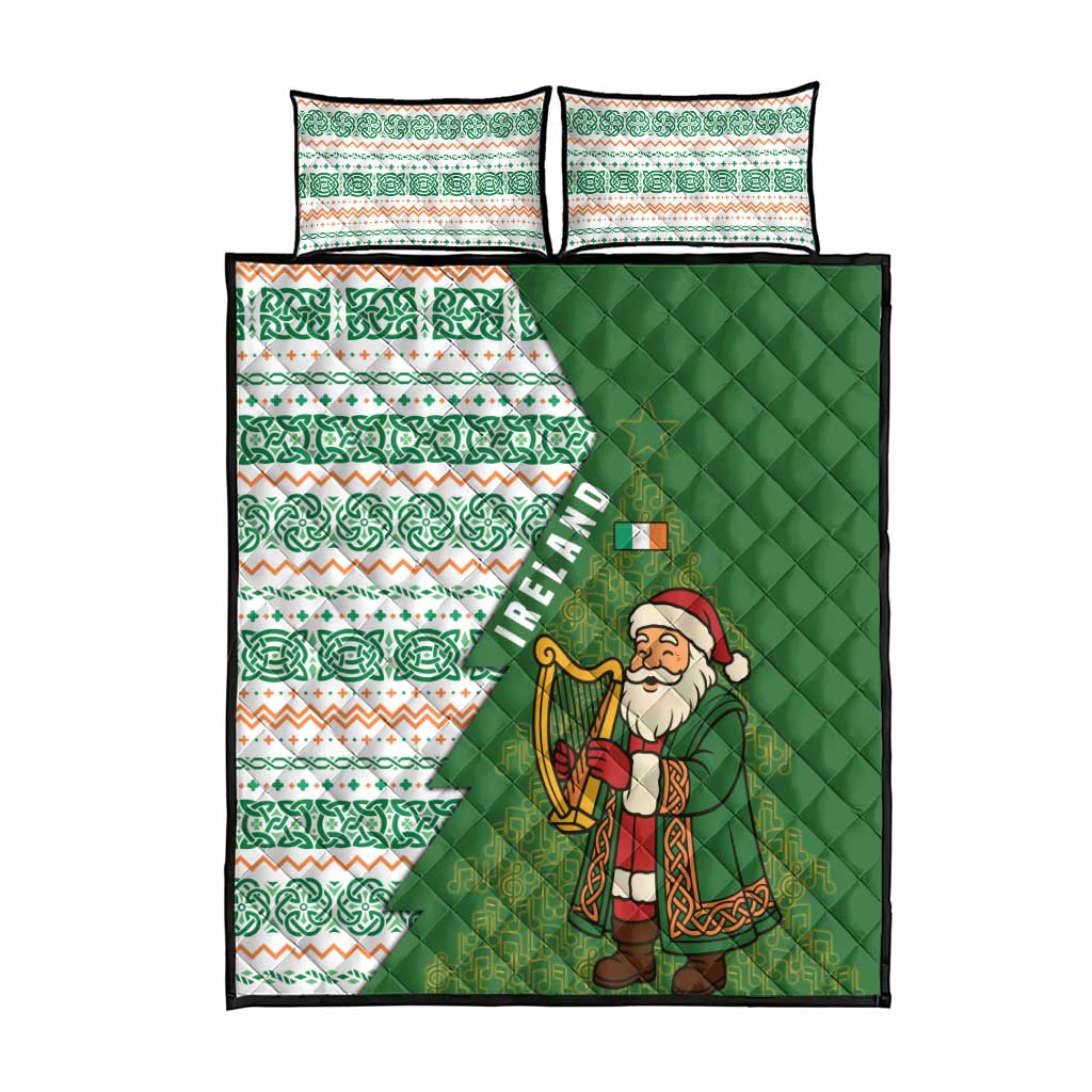 Ireland Christmas Quilt Bed Set with Celtic Harp Santa and Green Holiday Pattern - Wonder Print Shop