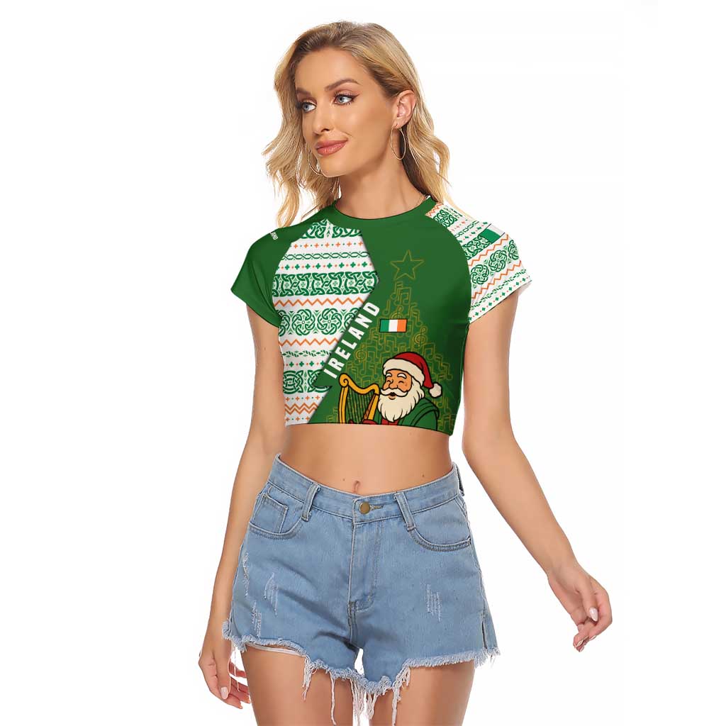 Ireland Christmas Raglan Cropped T Shirt with Celtic Harp Santa and Green Holiday Pattern - Wonder Print Shop