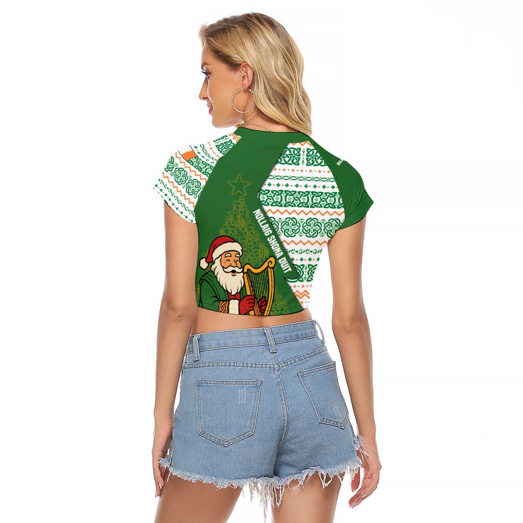 Ireland Christmas Raglan Cropped T Shirt with Celtic Harp Santa and Green Holiday Pattern - Wonder Print Shop