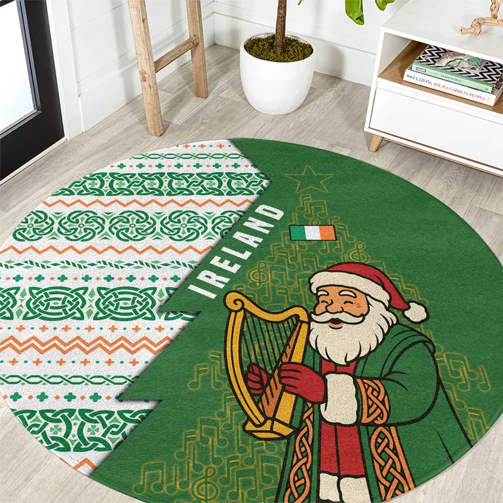 Ireland Christmas Round Carpet with Celtic Harp Santa and Green Holiday Pattern - Wonder Print Shop