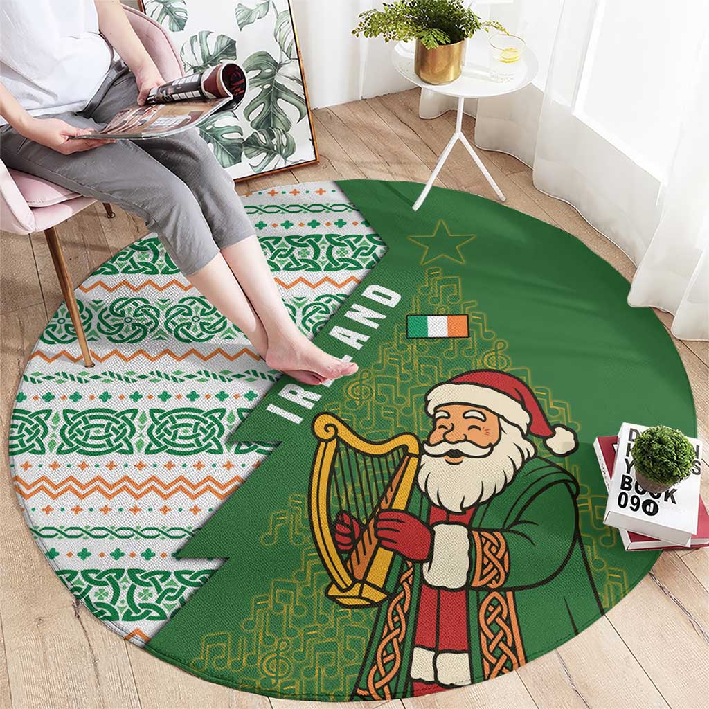 Ireland Christmas Round Carpet with Celtic Harp Santa and Green Holiday Pattern - Wonder Print Shop