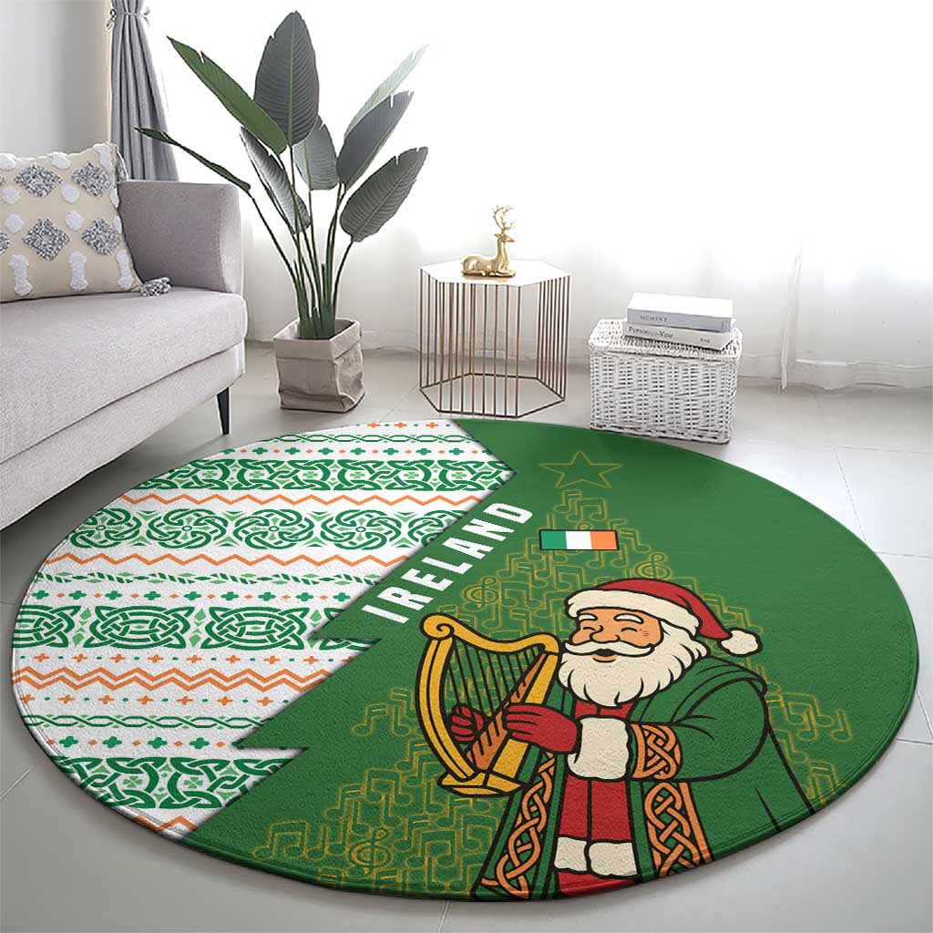 Ireland Christmas Round Carpet with Celtic Harp Santa and Green Holiday Pattern - Wonder Print Shop