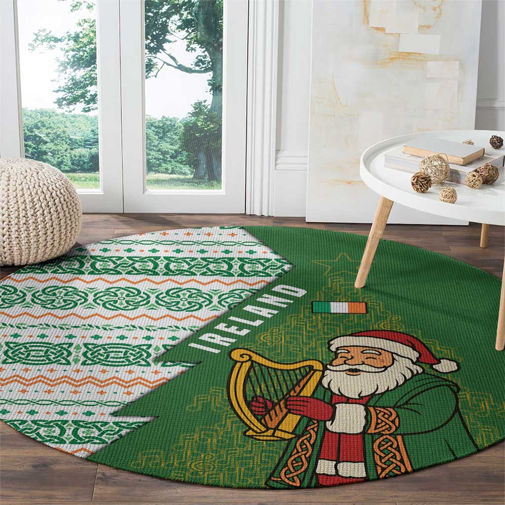 Ireland Christmas Round Carpet with Celtic Harp Santa and Green Holiday Pattern - Wonder Print Shop