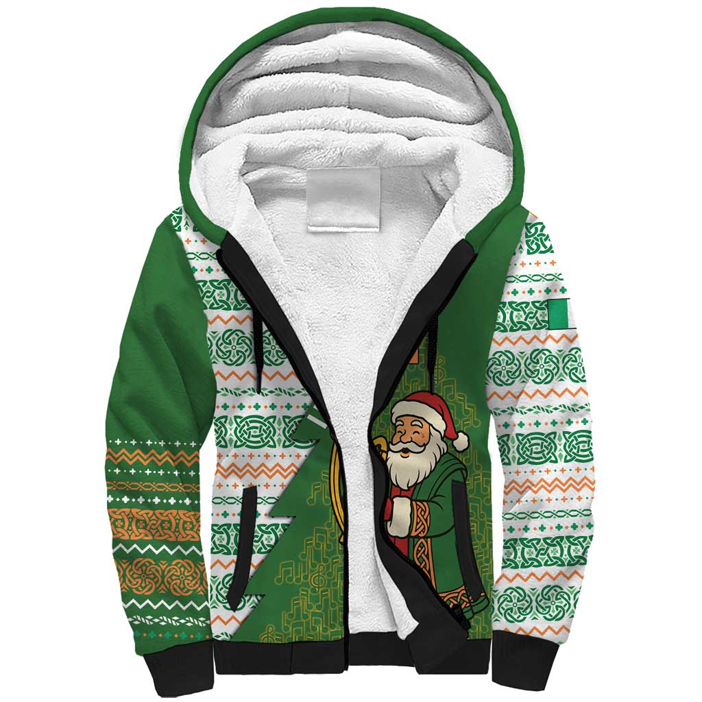 Ireland Christmas Sherpa Hoodie with Celtic Harp Santa and Green Holiday Pattern - Wonder Print Shop
