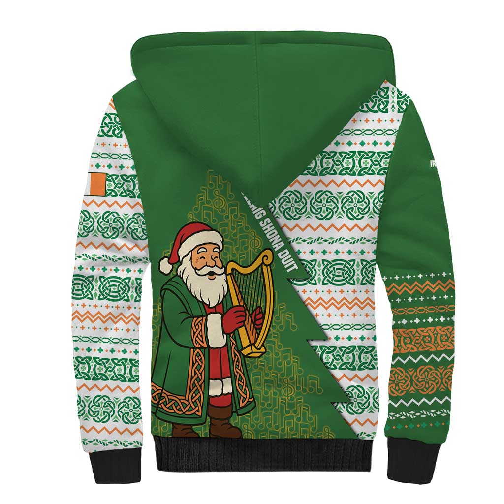Ireland Christmas Sherpa Hoodie with Celtic Harp Santa and Green Holiday Pattern - Wonder Print Shop
