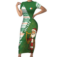 Ireland Christmas Short Sleeve Bodycon Dress with Celtic Harp Santa and Green Holiday Pattern - Wonder Print Shop