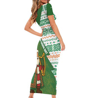 Ireland Christmas Short Sleeve Bodycon Dress with Celtic Harp Santa and Green Holiday Pattern - Wonder Print Shop