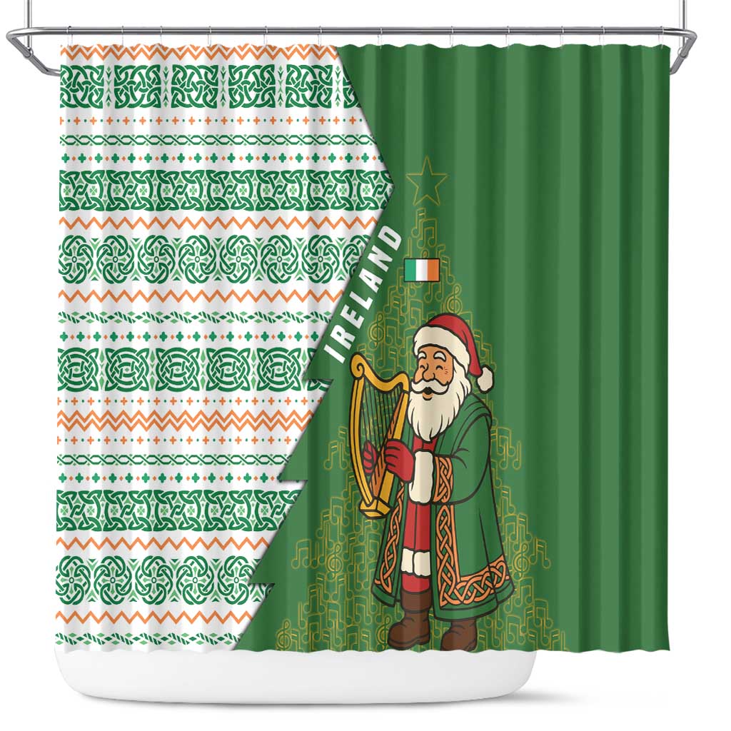 Ireland Christmas Shower Curtain with Celtic Harp Santa and Green Holiday Pattern - Wonder Print Shop