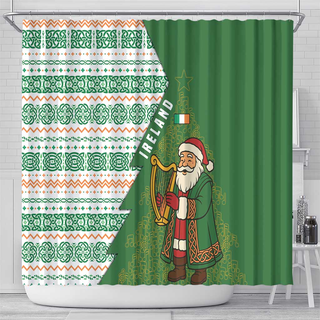 Ireland Christmas Shower Curtain with Celtic Harp Santa and Green Holiday Pattern - Wonder Print Shop
