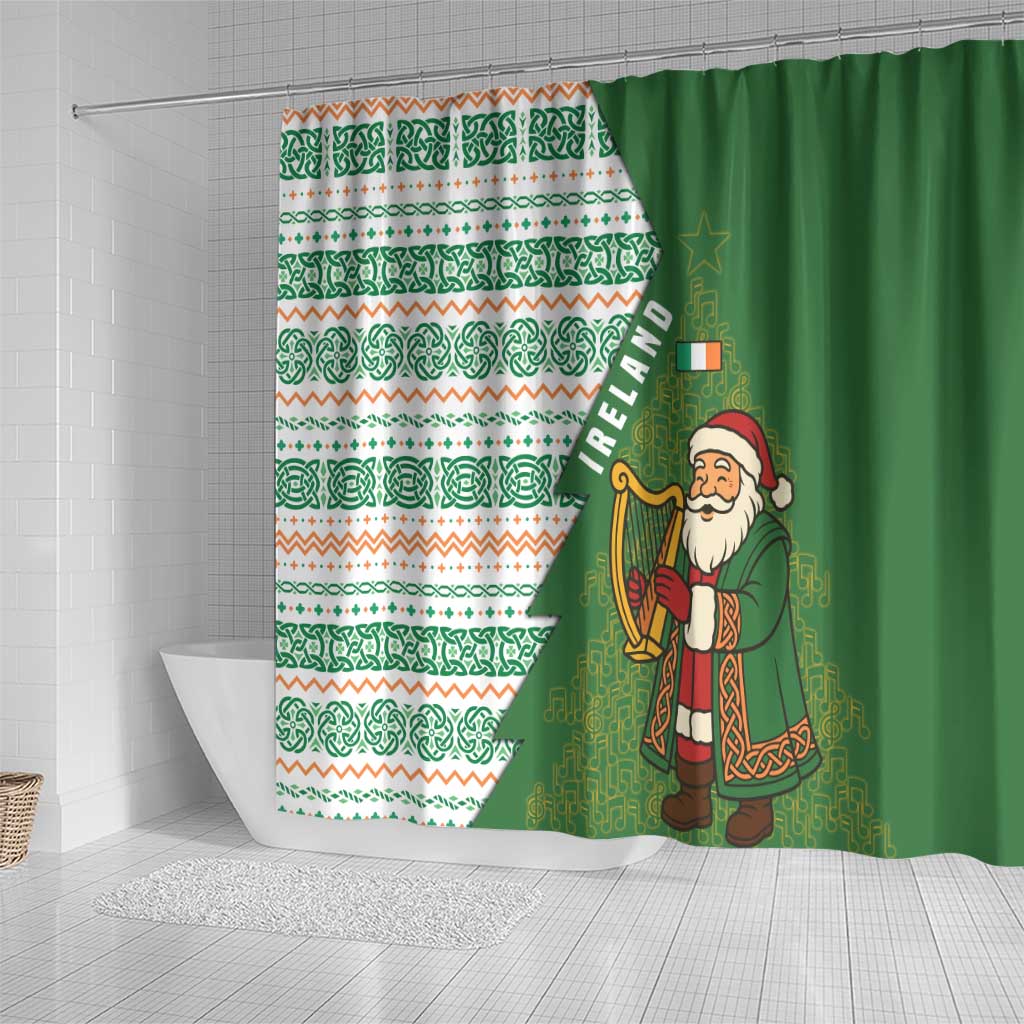 Ireland Christmas Shower Curtain with Celtic Harp Santa and Green Holiday Pattern - Wonder Print Shop
