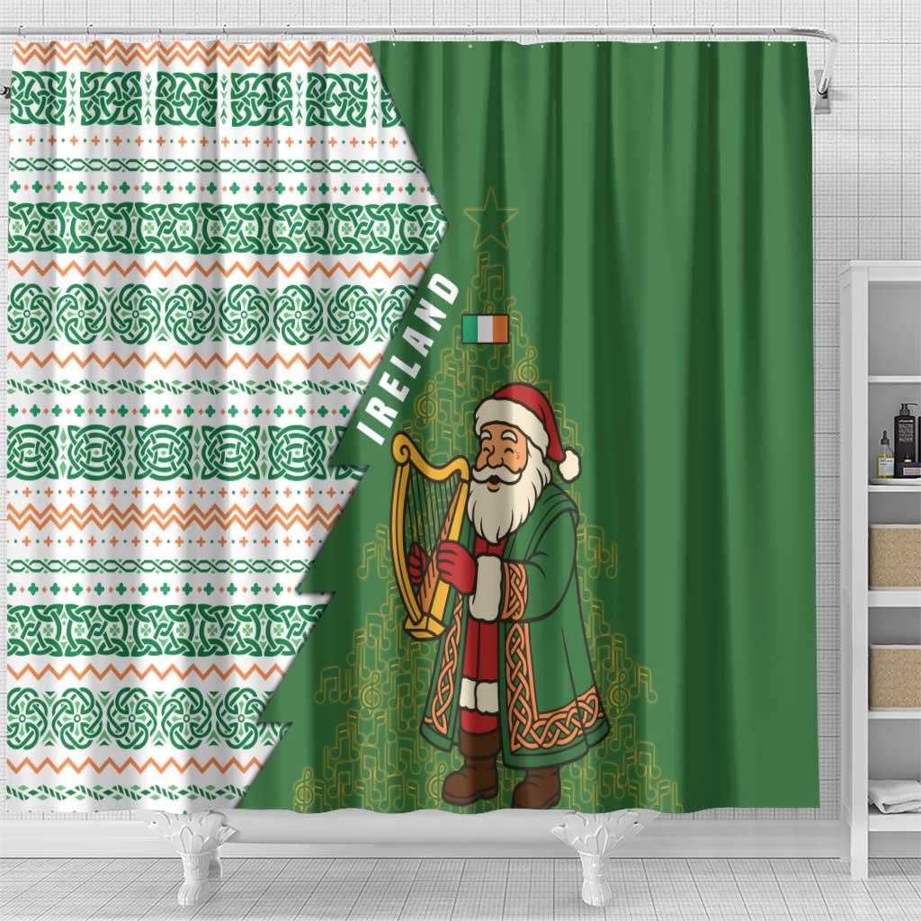 Ireland Christmas Shower Curtain with Celtic Harp Santa and Green Holiday Pattern - Wonder Print Shop