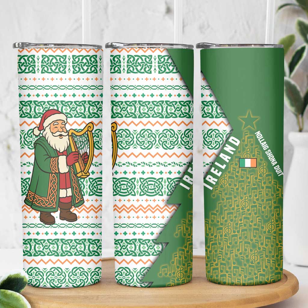 Ireland Christmas Skinny Tumbler with Celtic Harp Santa and Green Holiday Pattern - Wonder Print Shop