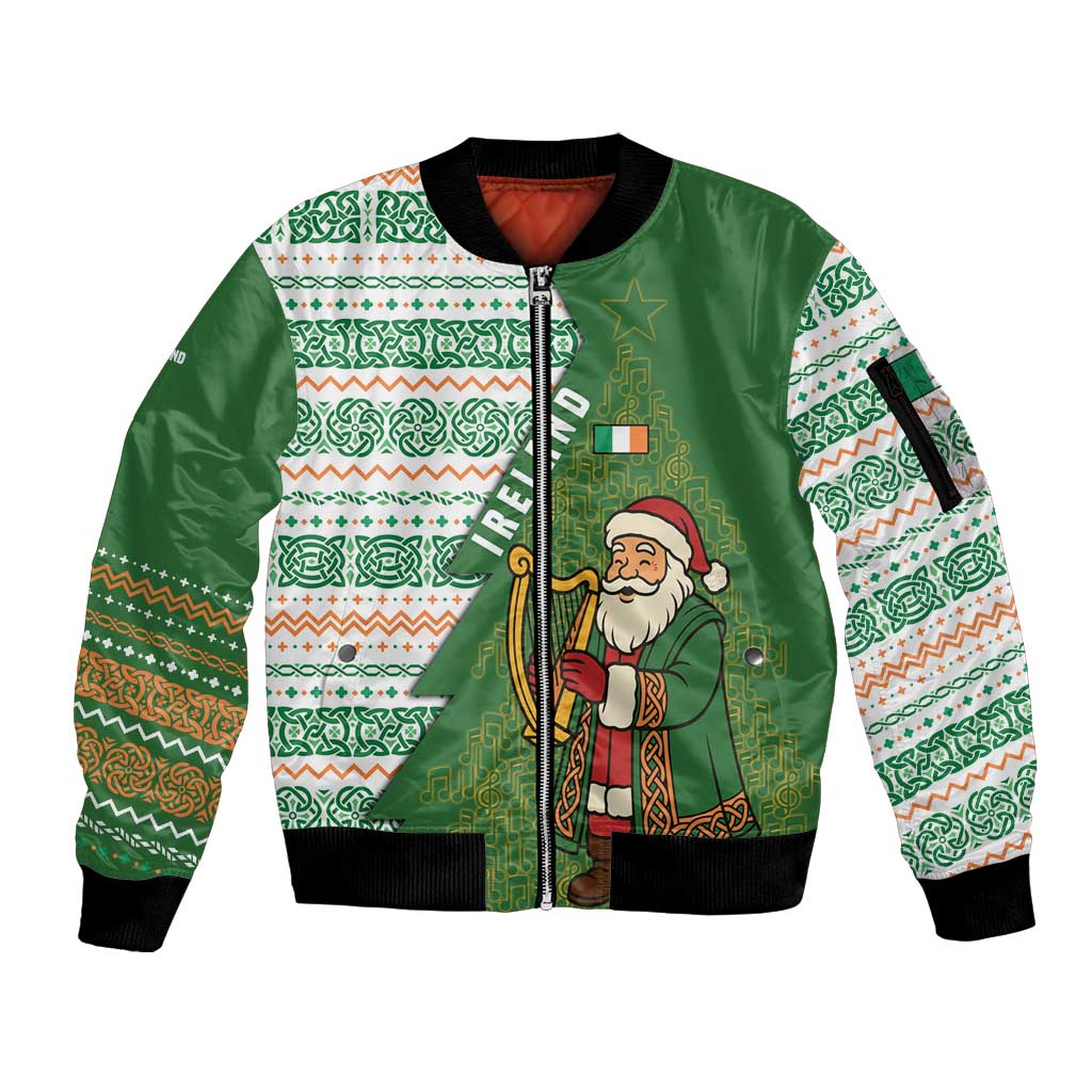 Ireland Christmas Sleeve Zip Bomber Jacket with Celtic Harp Santa and Green Holiday Pattern - Wonder Print Shop