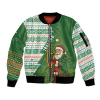 Ireland Christmas Sleeve Zip Bomber Jacket with Celtic Harp Santa and Green Holiday Pattern - Wonder Print Shop