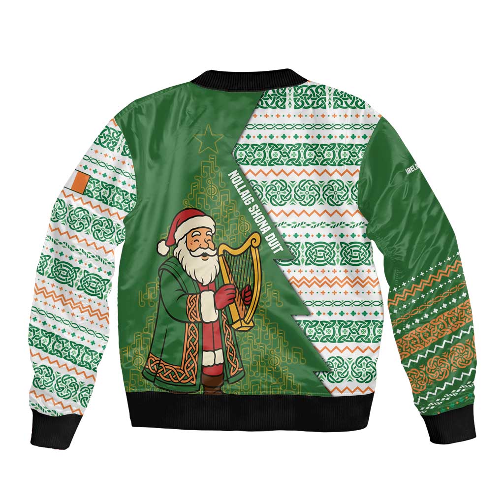 Ireland Christmas Sleeve Zip Bomber Jacket with Celtic Harp Santa and Green Holiday Pattern - Wonder Print Shop