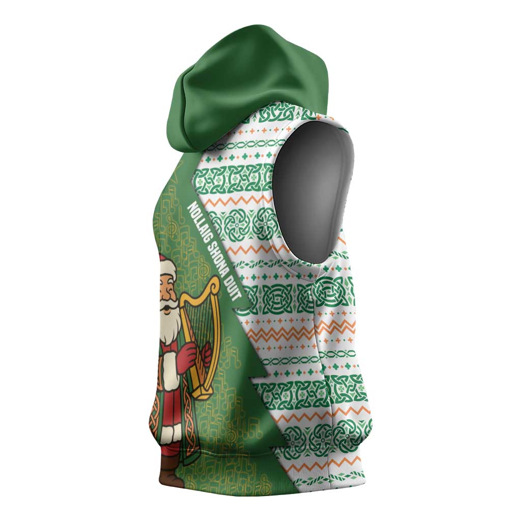 Ireland Christmas Sleeveless Hoodie with Celtic Harp Santa and Green Holiday Pattern - Wonder Print Shop