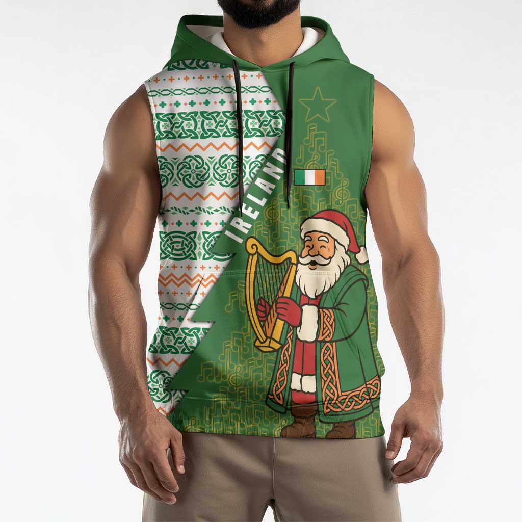 Ireland Christmas Sleeveless Hoodie with Celtic Harp Santa and Green Holiday Pattern - Wonder Print Shop
