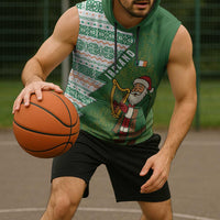 Ireland Christmas Sleeveless Hoodie with Celtic Harp Santa and Green Holiday Pattern - Wonder Print Shop