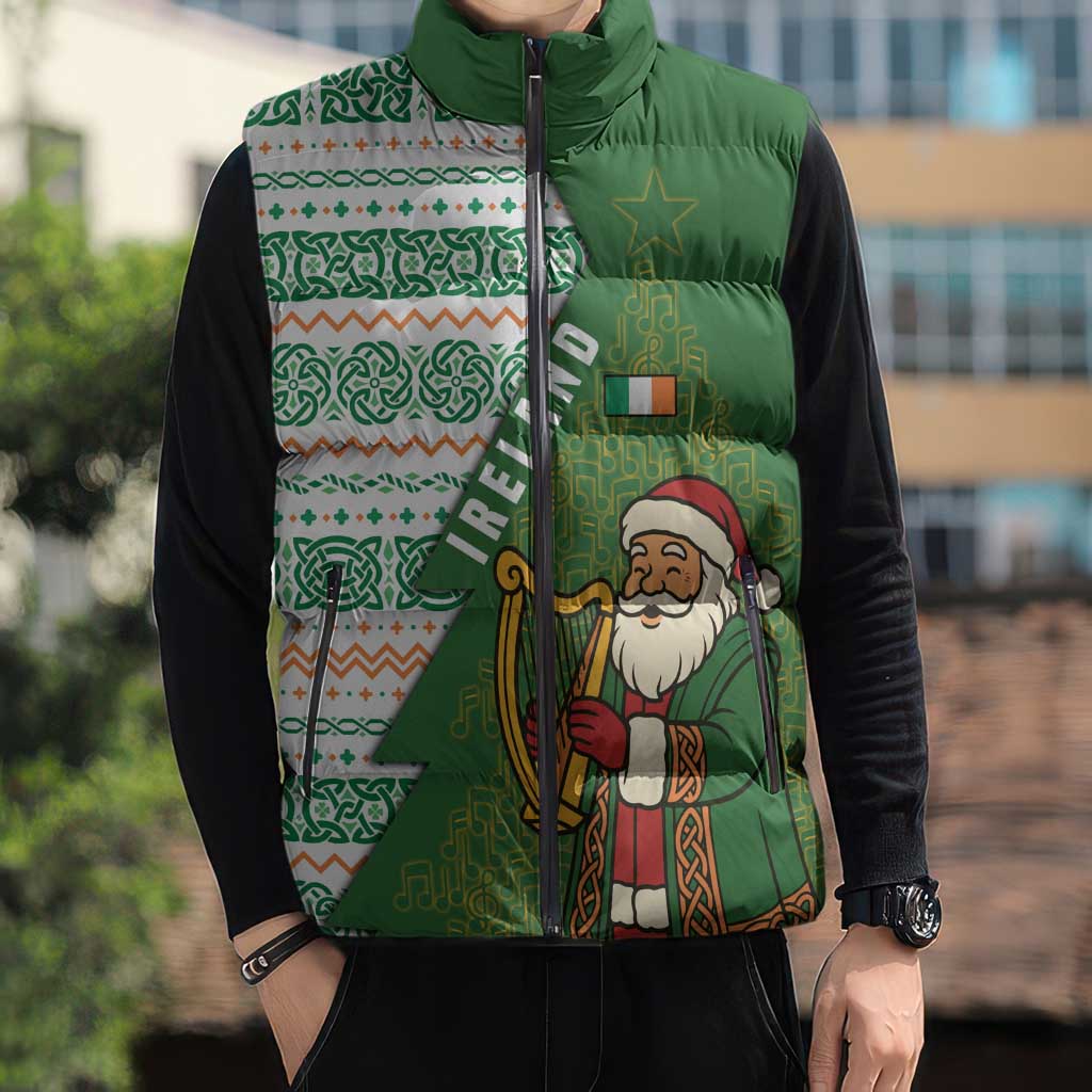 Ireland Christmas Sleeveless Puffer Jacket with Celtic Harp Santa and Green Holiday Pattern - Wonder Print Shop