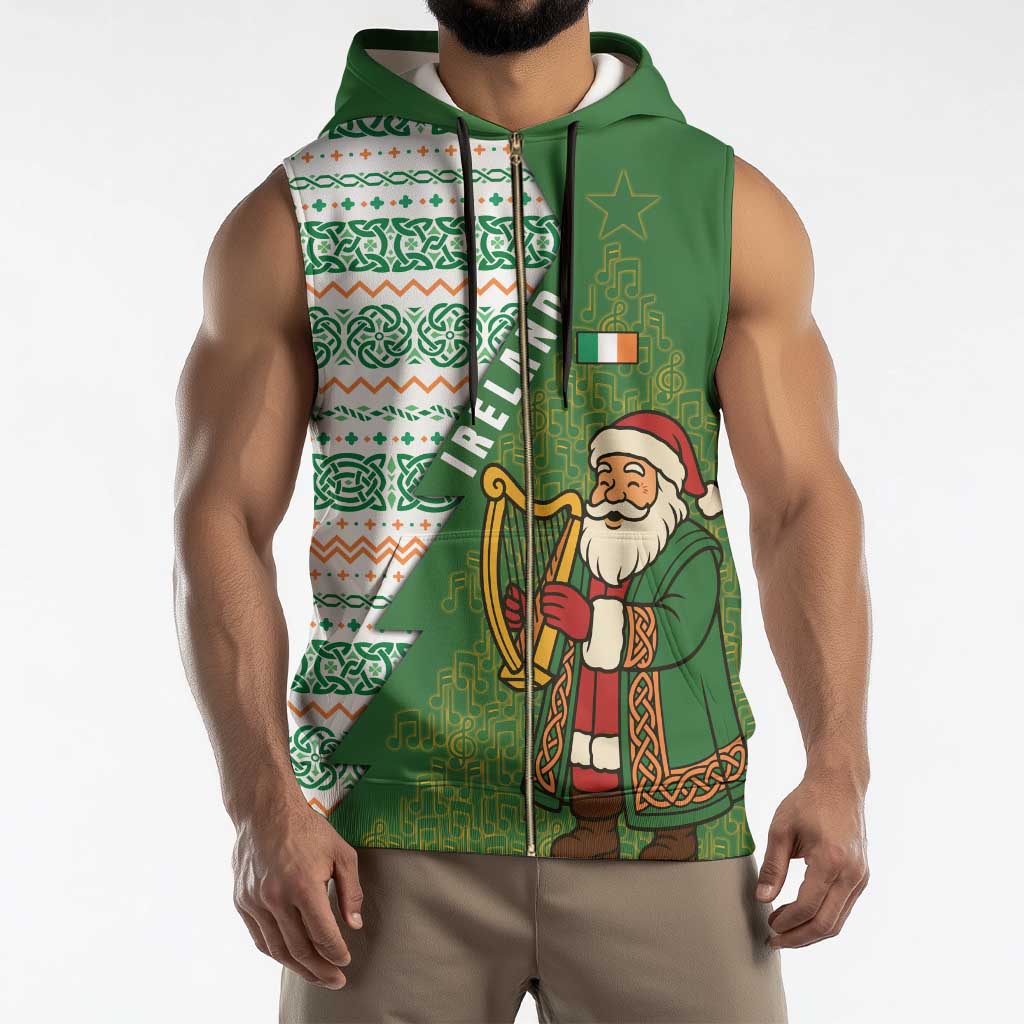 Ireland Christmas Sleeveless Zip Hoodie with Celtic Harp Santa and Green Holiday Pattern - Wonder Print Shop