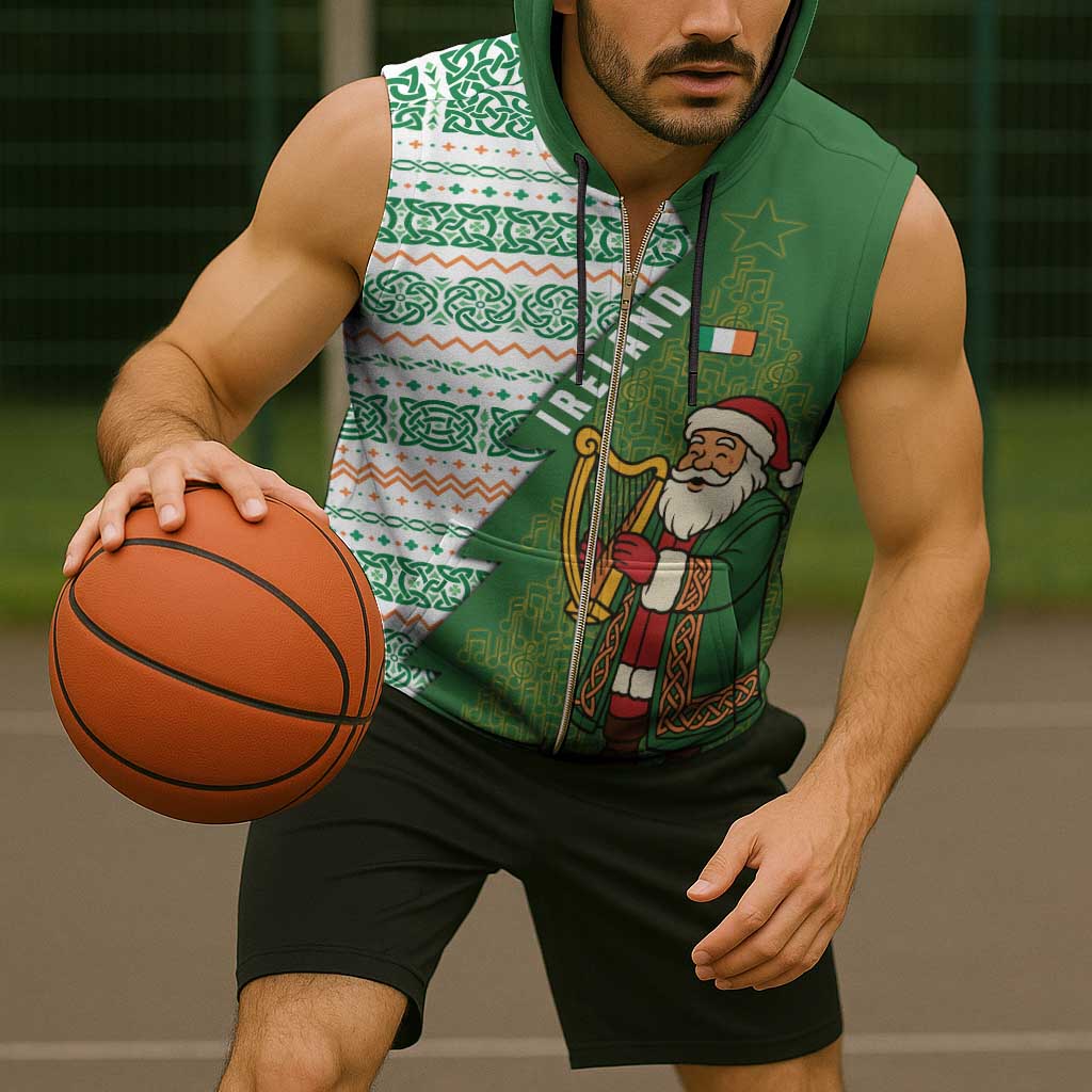 Ireland Christmas Sleeveless Zip Hoodie with Celtic Harp Santa and Green Holiday Pattern - Wonder Print Shop