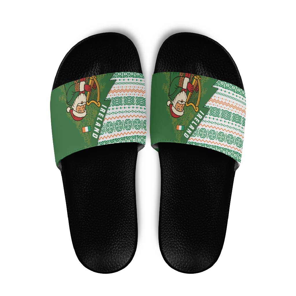 Ireland Christmas Slide Sandals with Celtic Harp Santa and Green Holiday Pattern - Wonder Print Shop