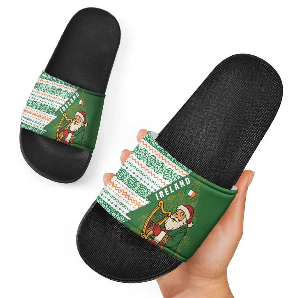 Ireland Christmas Slide Sandals with Celtic Harp Santa and Green Holiday Pattern - Wonder Print Shop