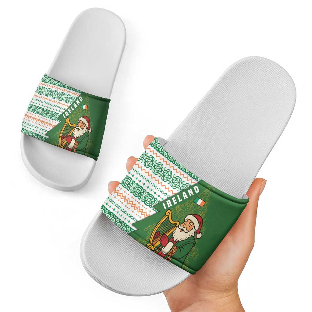 Ireland Christmas Slide Sandals with Celtic Harp Santa and Green Holiday Pattern - Wonder Print Shop