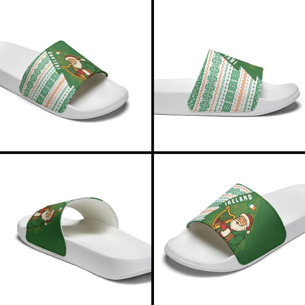 Ireland Christmas Slide Sandals with Celtic Harp Santa and Green Holiday Pattern - Wonder Print Shop