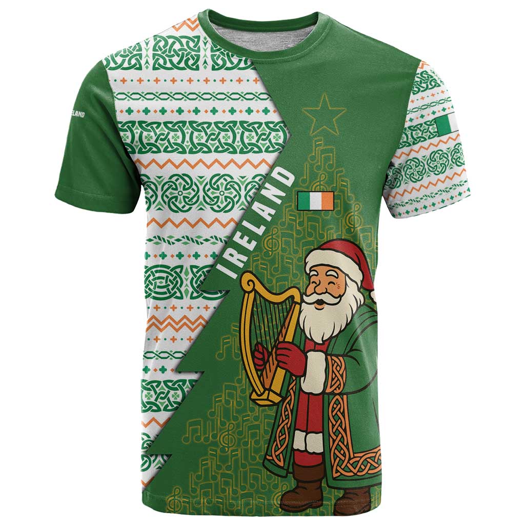 Ireland Christmas T Shirt with Celtic Harp Santa and Green Holiday Pattern - Wonder Print Shop