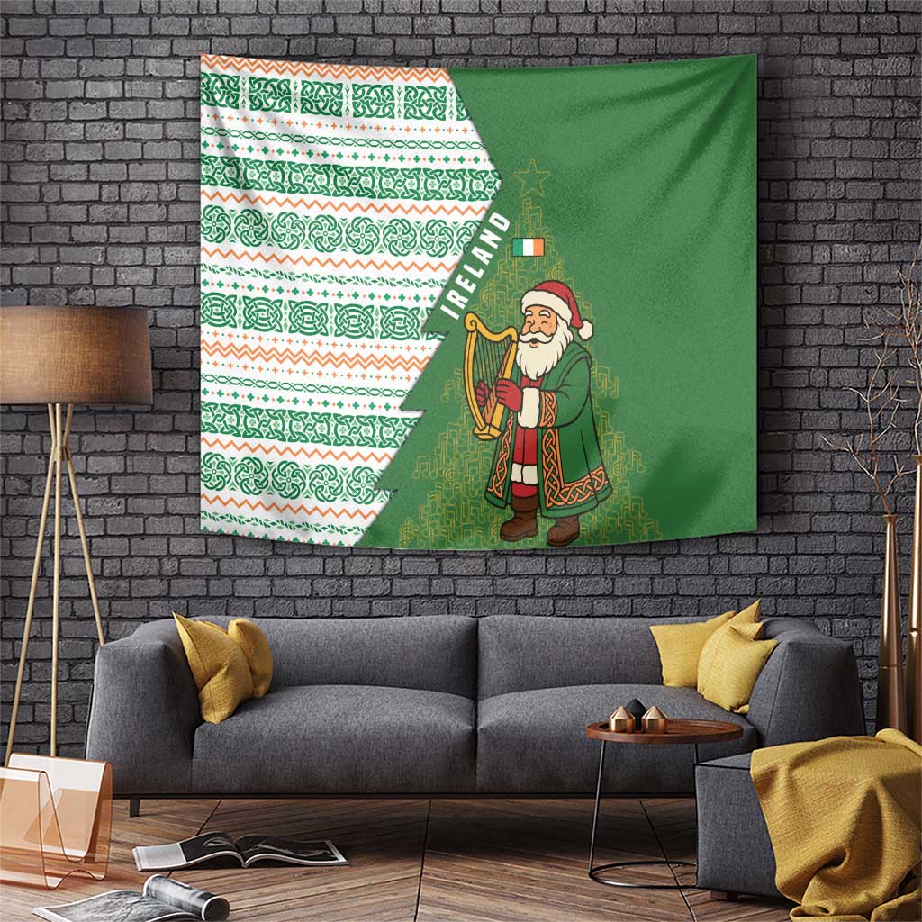 Ireland Christmas Tapestry with Celtic Harp Santa and Green Holiday Pattern - Wonder Print Shop