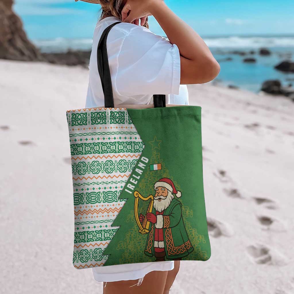 Ireland Christmas Tote Bag with Celtic Harp Santa and Green Holiday Pattern - Wonder Print Shop