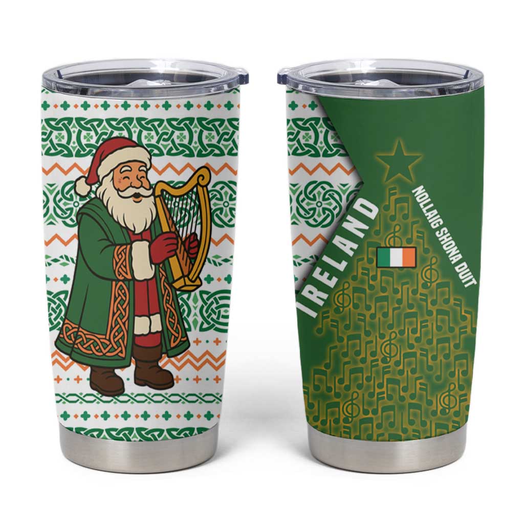 Ireland Christmas Tumbler Cup with Celtic Harp Santa and Green Holiday Pattern - Wonder Print Shop