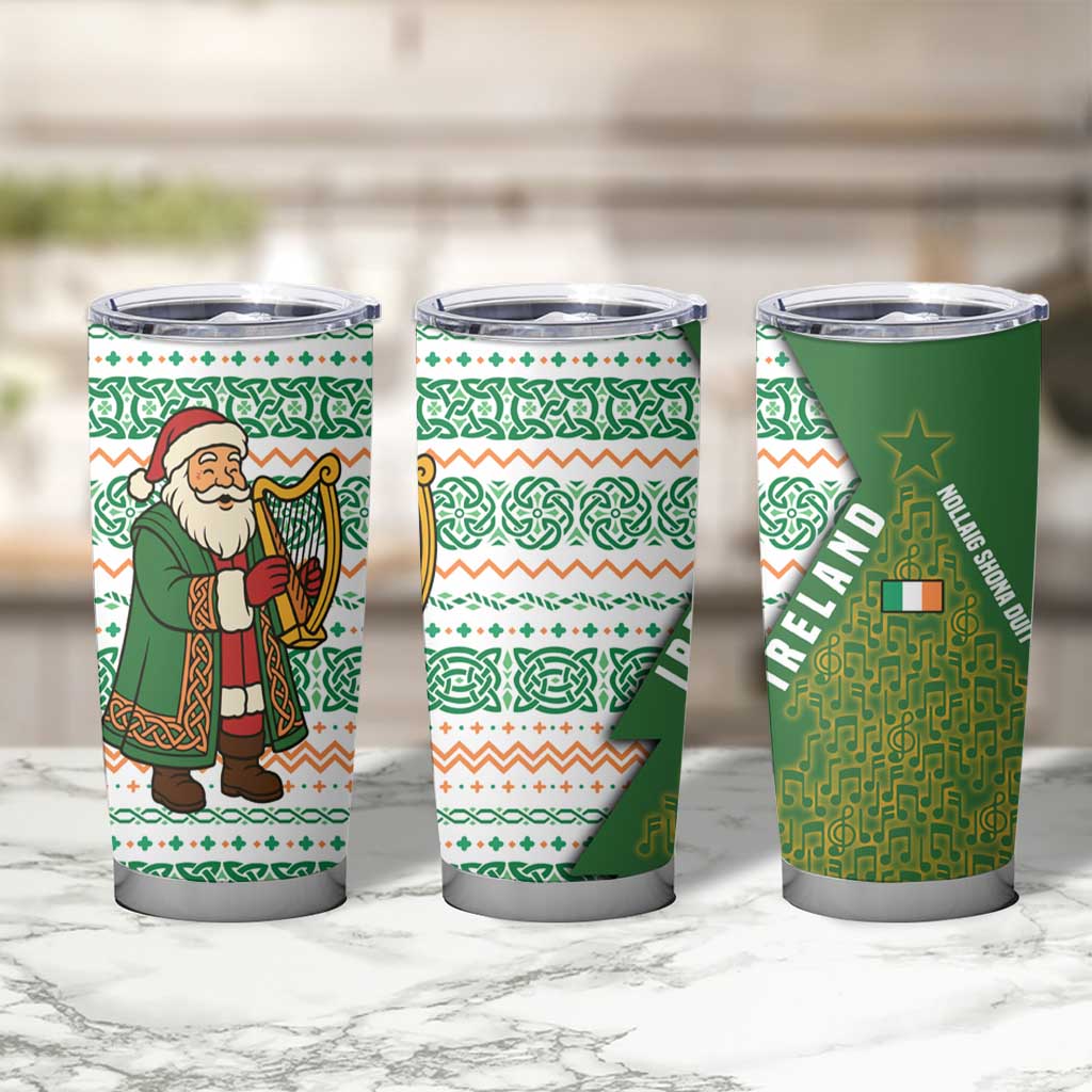 Ireland Christmas Tumbler Cup with Celtic Harp Santa and Green Holiday Pattern - Wonder Print Shop