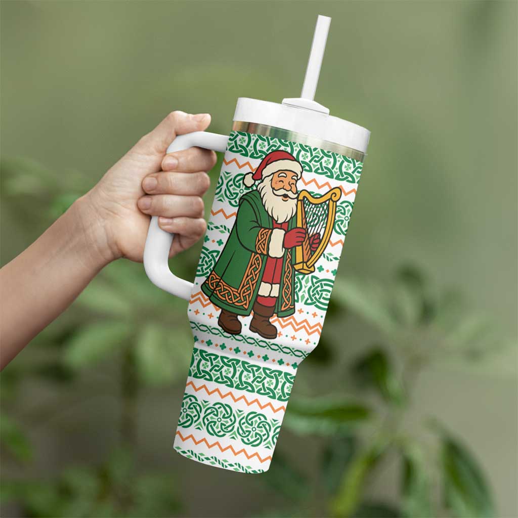 Ireland Christmas Tumbler With Handle with Celtic Harp Santa and Green Holiday Pattern - Wonder Print Shop