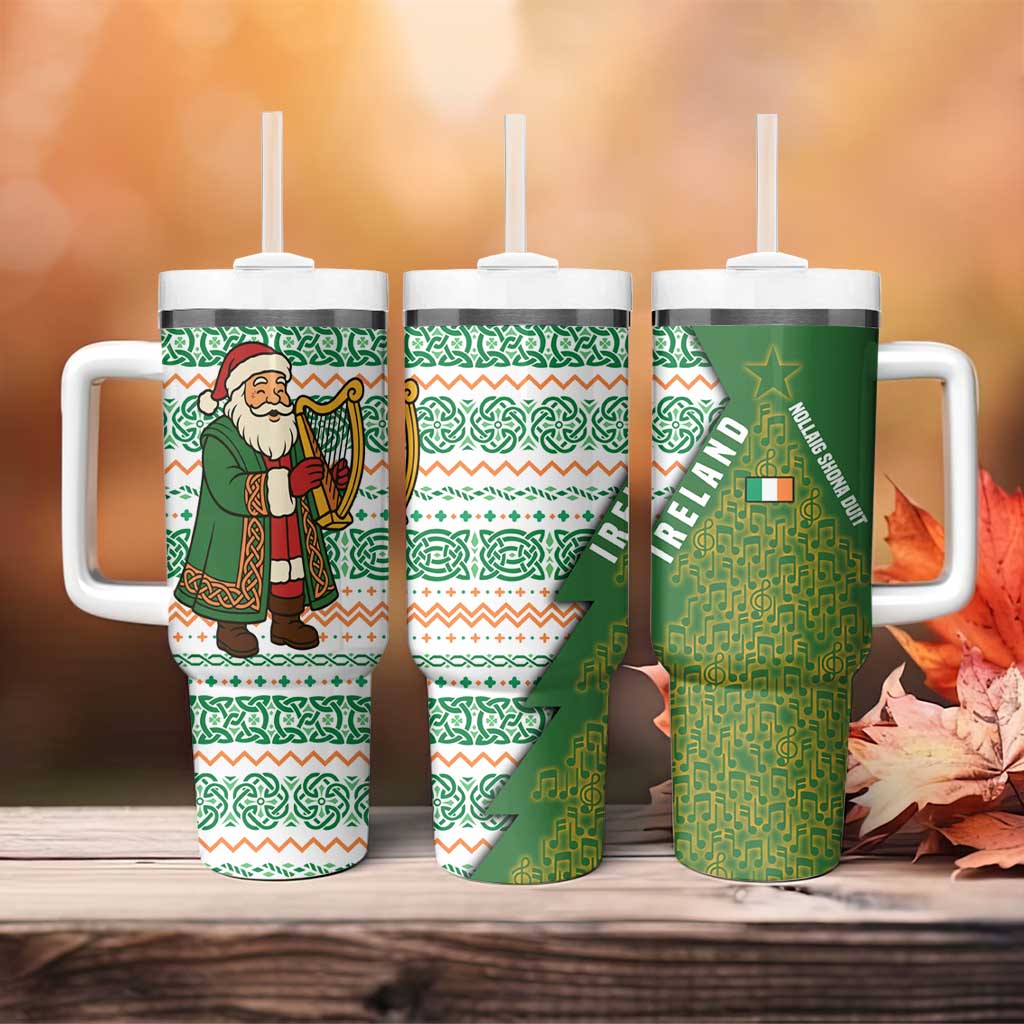 Ireland Christmas Tumbler With Handle with Celtic Harp Santa and Green Holiday Pattern - Wonder Print Shop