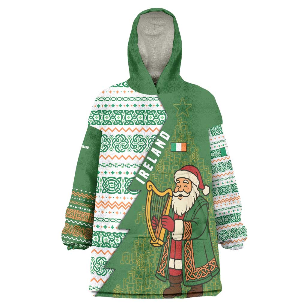 Ireland Christmas Wearable Blanket Hoodie with Celtic Harp Santa and Green Holiday Pattern - Wonder Print Shop