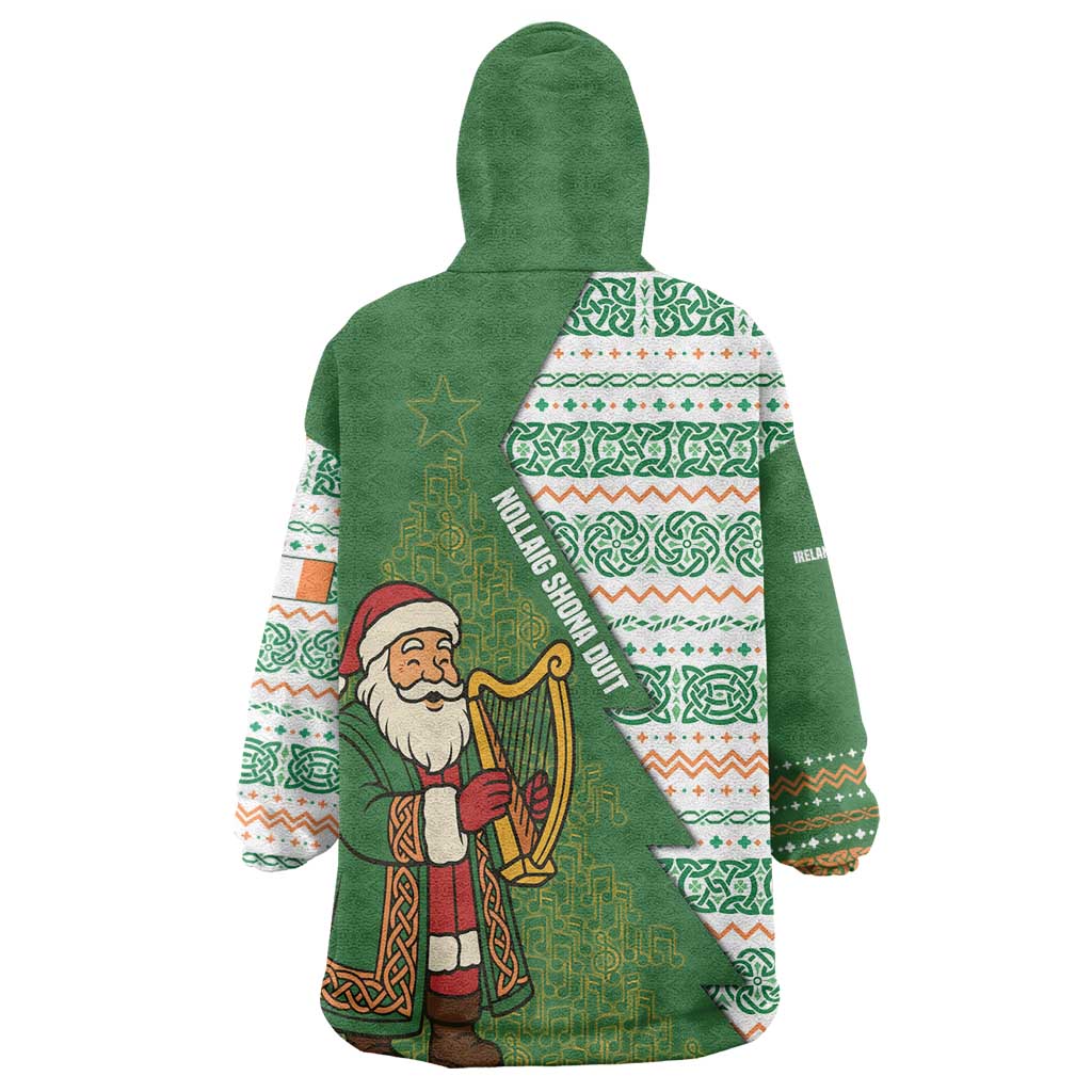 Ireland Christmas Wearable Blanket Hoodie with Celtic Harp Santa and Green Holiday Pattern - Wonder Print Shop