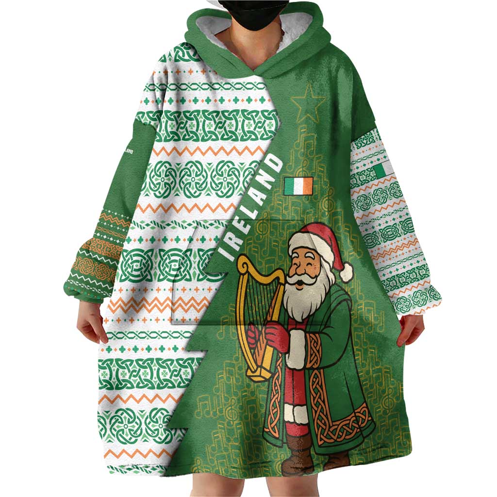 Ireland Christmas Wearable Blanket Hoodie with Celtic Harp Santa and Green Holiday Pattern - Wonder Print Shop