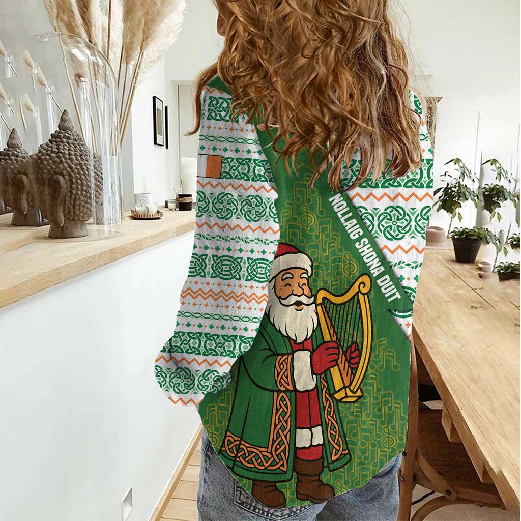 Ireland Christmas Women Casual Shirt with Celtic Harp Santa and Green Holiday Pattern - Wonder Print Shop