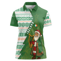 Ireland Christmas Women Polo Shirt with Celtic Harp Santa and Green Holiday Pattern - Wonder Print Shop