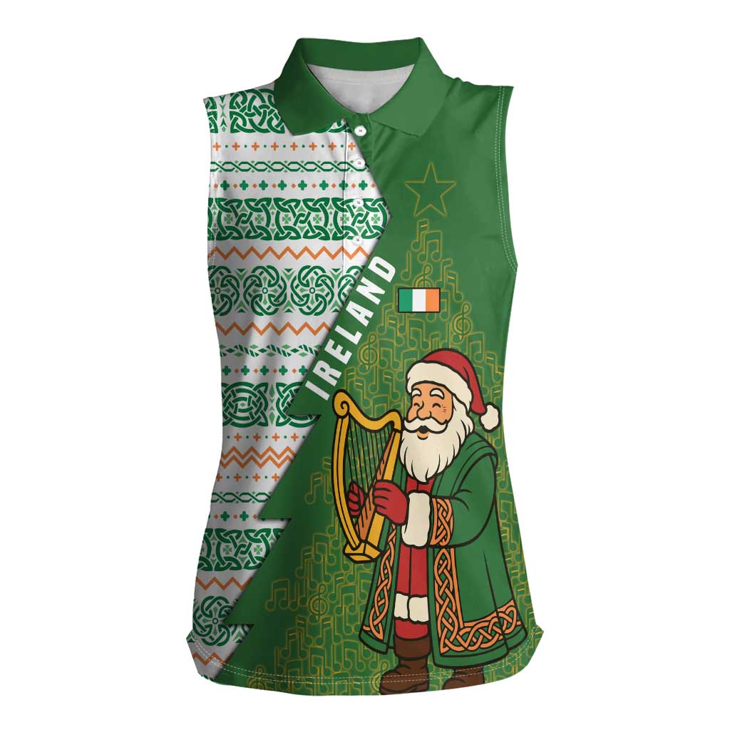 Ireland Christmas Women Sleeveless Polo Shirt with Celtic Harp Santa and Green Holiday Pattern - Wonder Print Shop