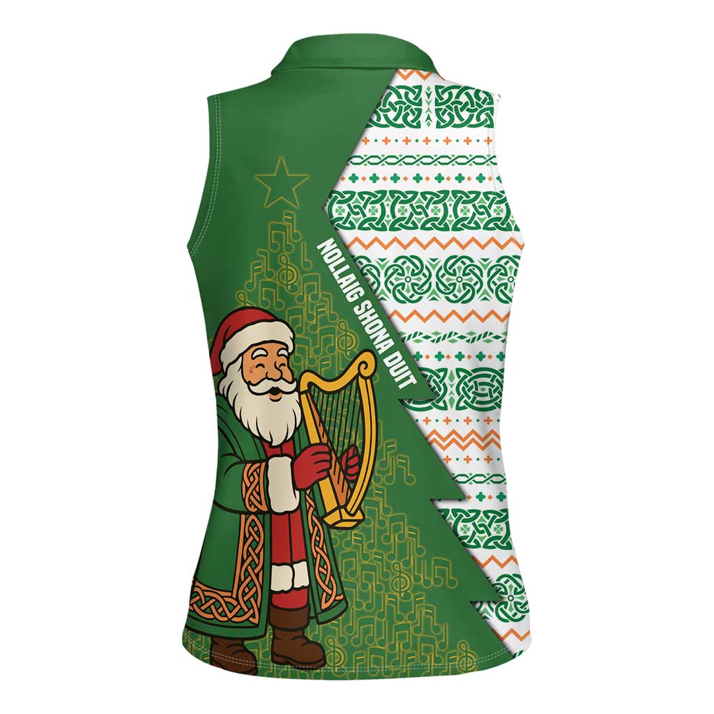 Ireland Christmas Women Sleeveless Polo Shirt with Celtic Harp Santa and Green Holiday Pattern - Wonder Print Shop