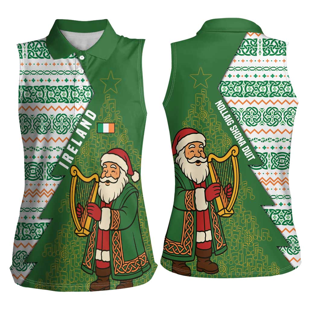 Ireland Christmas Women Sleeveless Polo Shirt with Celtic Harp Santa and Green Holiday Pattern - Wonder Print Shop