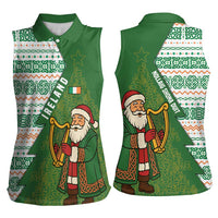 Ireland Christmas Women Sleeveless Polo Shirt with Celtic Harp Santa and Green Holiday Pattern - Wonder Print Shop