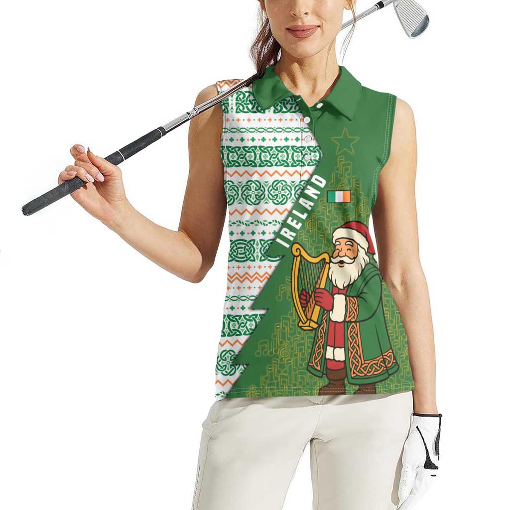 Ireland Christmas Women Sleeveless Polo Shirt with Celtic Harp Santa and Green Holiday Pattern - Wonder Print Shop