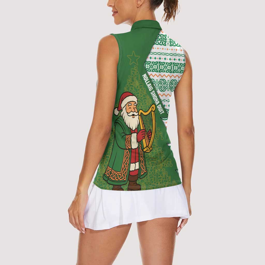 Ireland Christmas Women Sleeveless Polo Shirt with Celtic Harp Santa and Green Holiday Pattern - Wonder Print Shop
