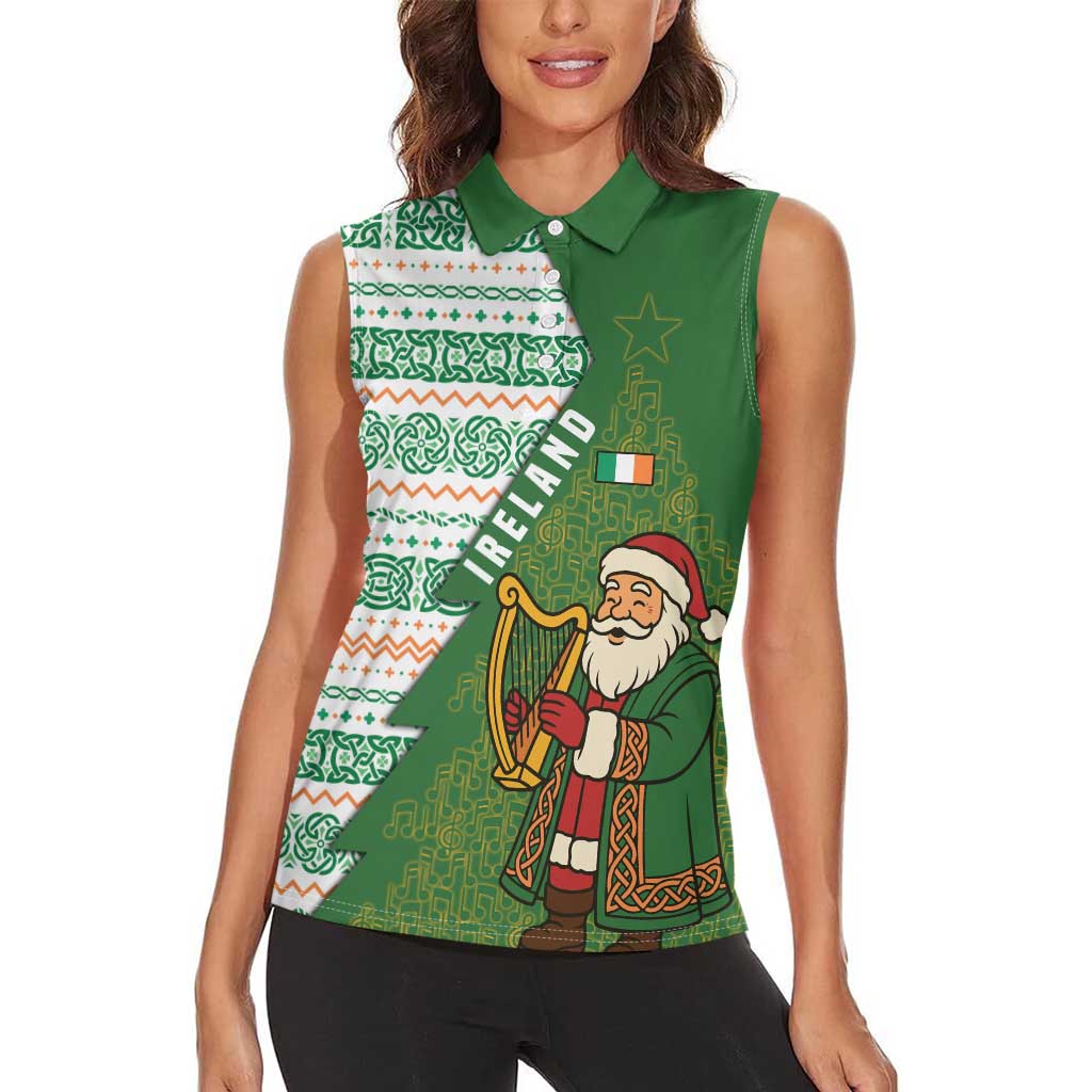 Ireland Christmas Women Sleeveless Polo Shirt with Celtic Harp Santa and Green Holiday Pattern - Wonder Print Shop